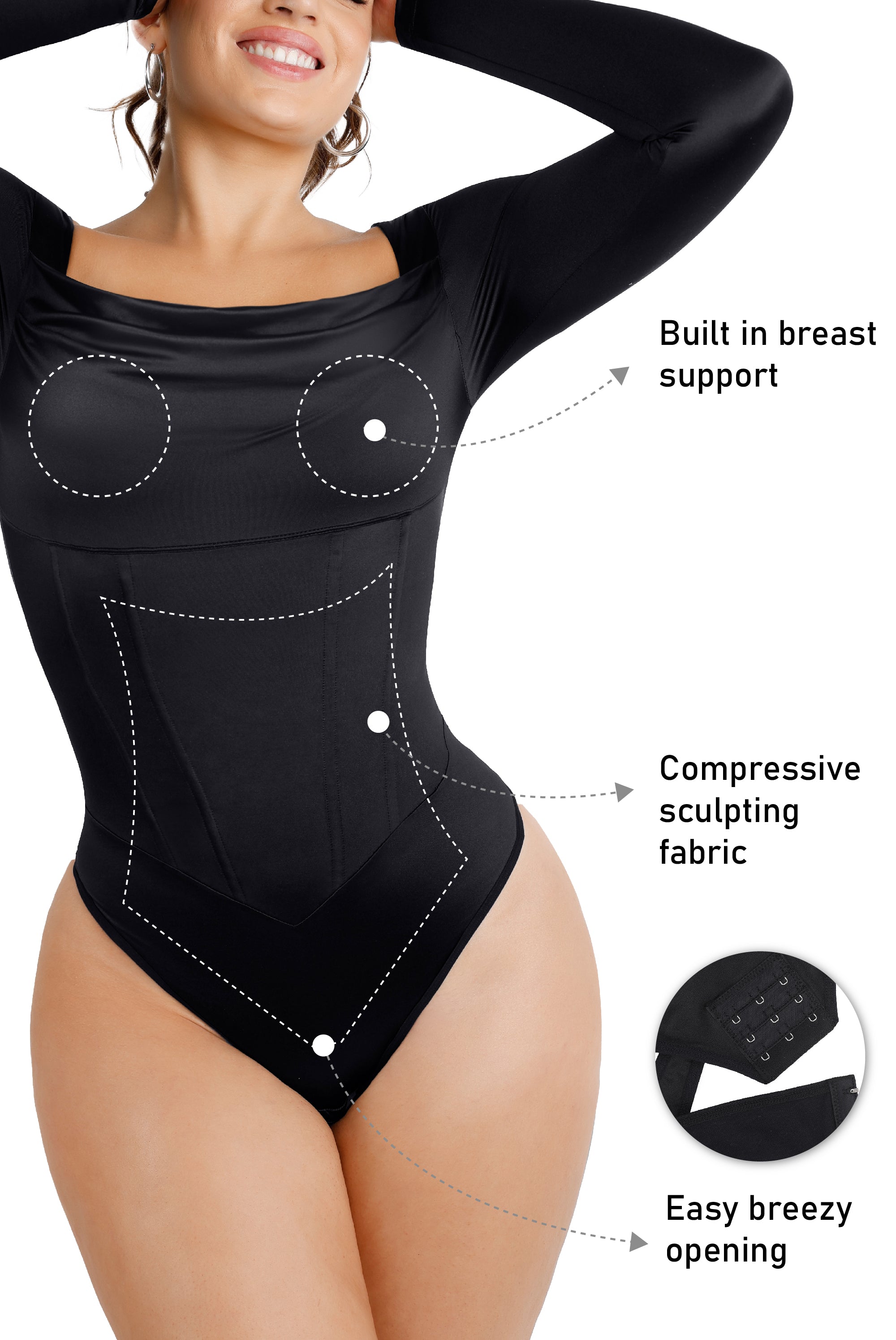 Lovskoo Long Sleeve Bodysuit for Women Tummy Control Cut Out Shapewear  Jumpsuit Seamless Sculpting Thong Body Shaper Tops Black 