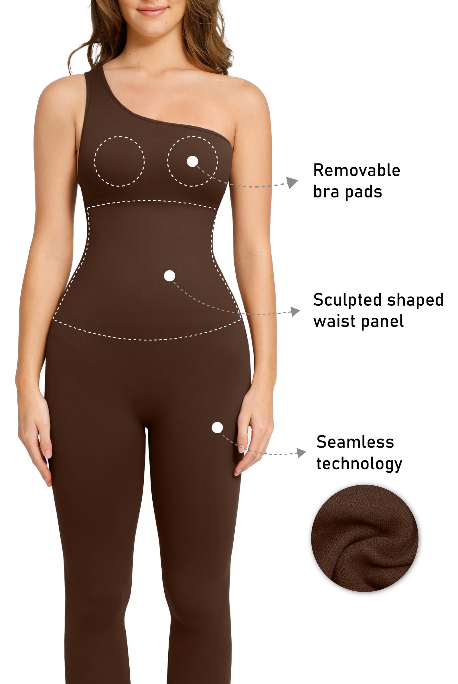 One Shoulder Jumpsuit - Seamless Shaping - Brown