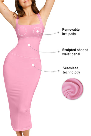 Square Neck Sleeveless Dress - Seamless Shaping - Pink