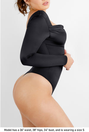 Corset Long Sleeve Thong Bodysuit - Shapewear - Black