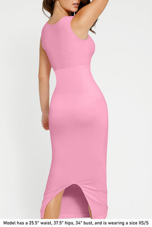 Square Neck Sleeveless Dress - Seamless Shaping - Pink