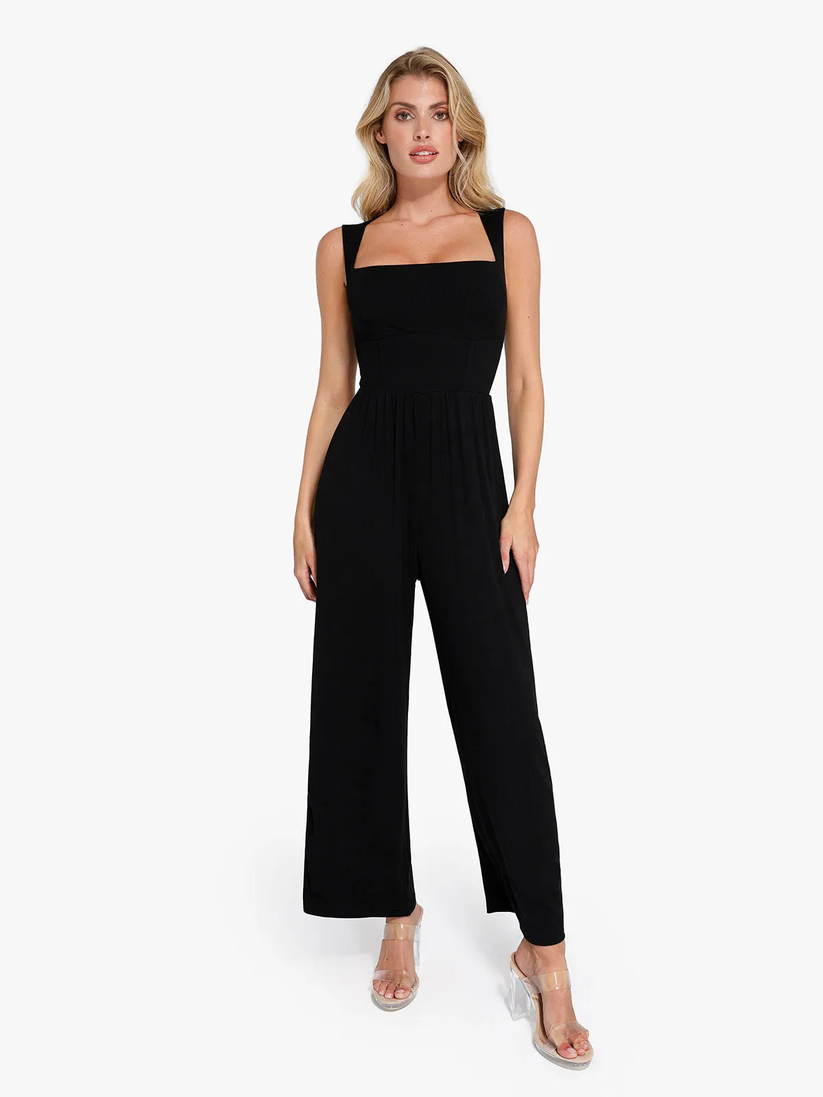 Built-In Shapewear Square Neck Wide-Leg Jumpsuit - Black