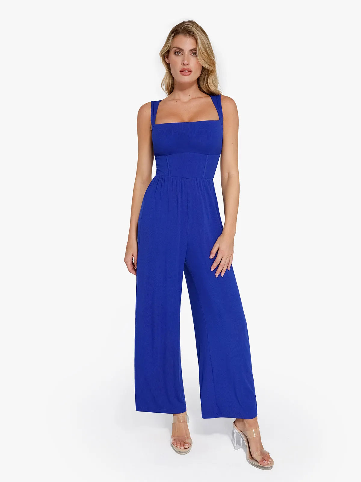 Built-In Shapewear Square Neck Wide-Leg Jumpsuit - Royal Blue