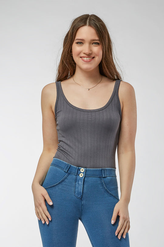 Freddy Ribbed Bodysuit - Wide Scoop Neckline - Grey