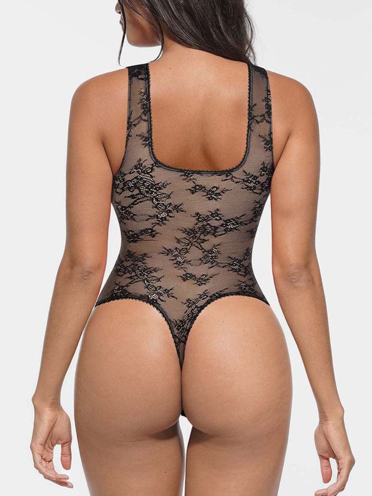 Floral Lace Shaping Bodysuit - Shapewear - Black