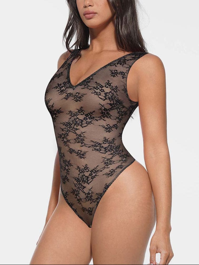 Floral Lace Shaping Bodysuit - Shapewear - Black
