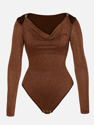 Sparkly Off-Shoulder Sculpting Bodysuit - Shapewear - Brown