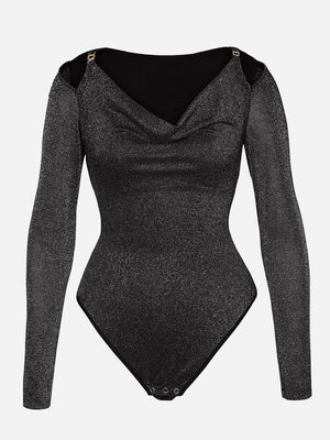 Sparkly Off-Shoulder Sculpting Bodysuit - Shapewear - Black