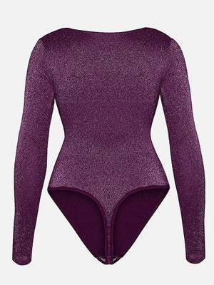 Sparkly Off-Shoulder Sculpting Bodysuit - Shapewear - Purple
