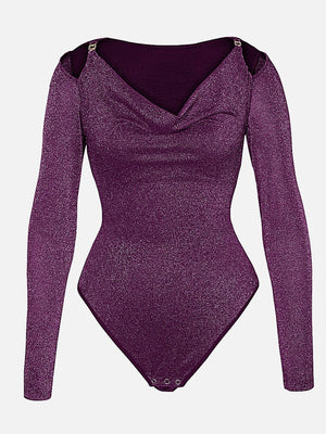 Sparkly Off-Shoulder Sculpting Bodysuit - Shapewear - Purple