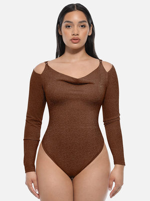 Sparkly Off-Shoulder Sculpting Bodysuit - Shapewear - Brown