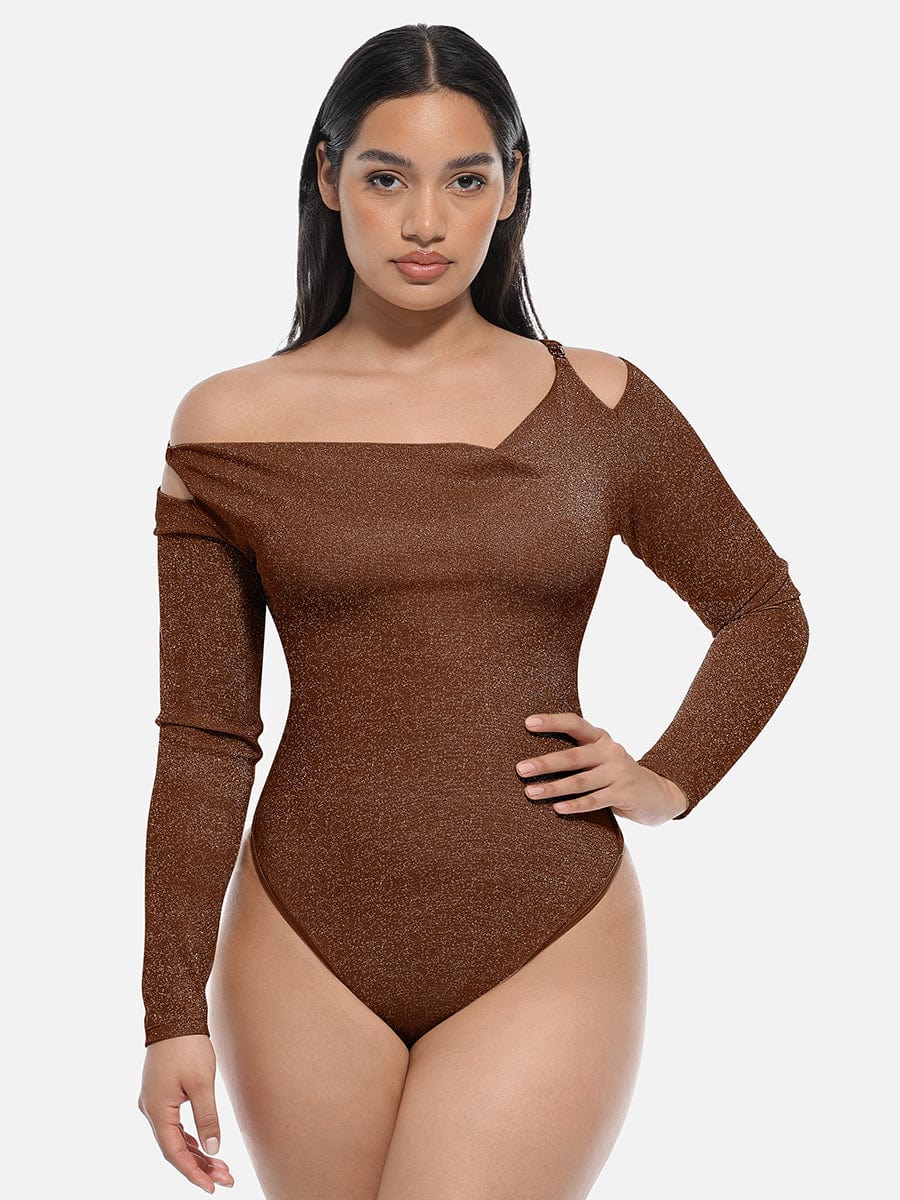 Sparkly Off-Shoulder Sculpting Bodysuit - Shapewear - Brown