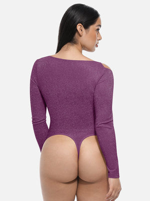 Sparkly Off-Shoulder Sculpting Bodysuit - Shapewear - Purple