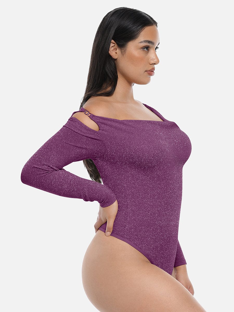 Sparkly Off-Shoulder Sculpting Bodysuit - Shapewear - Purple