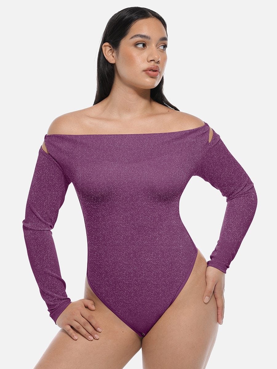 Sparkly Off-Shoulder Sculpting Bodysuit - Shapewear - Purple