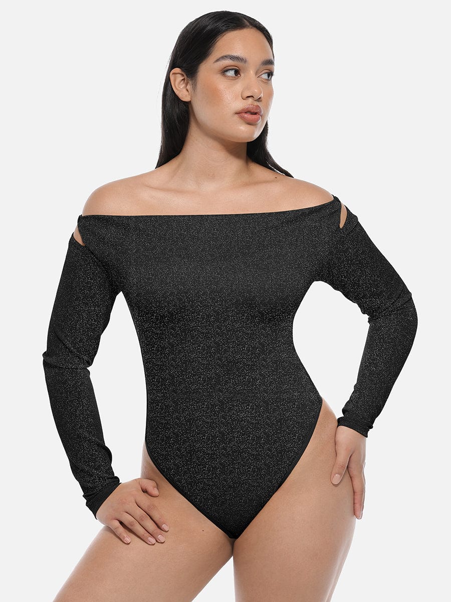 Sparkly Off-Shoulder Sculpting Bodysuit - Shapewear - Black