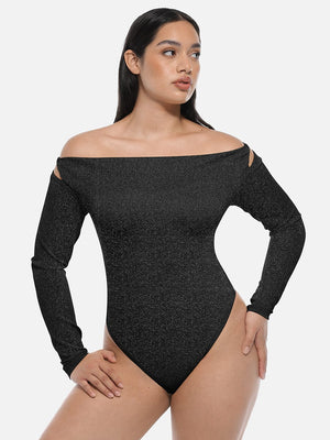 Sparkly Off-Shoulder Sculpting Bodysuit - Shapewear - Black
