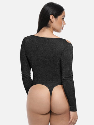 Sparkly Off-Shoulder Sculpting Bodysuit - Shapewear - Black