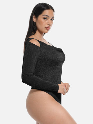 Sparkly Off-Shoulder Sculpting Bodysuit - Shapewear - Black