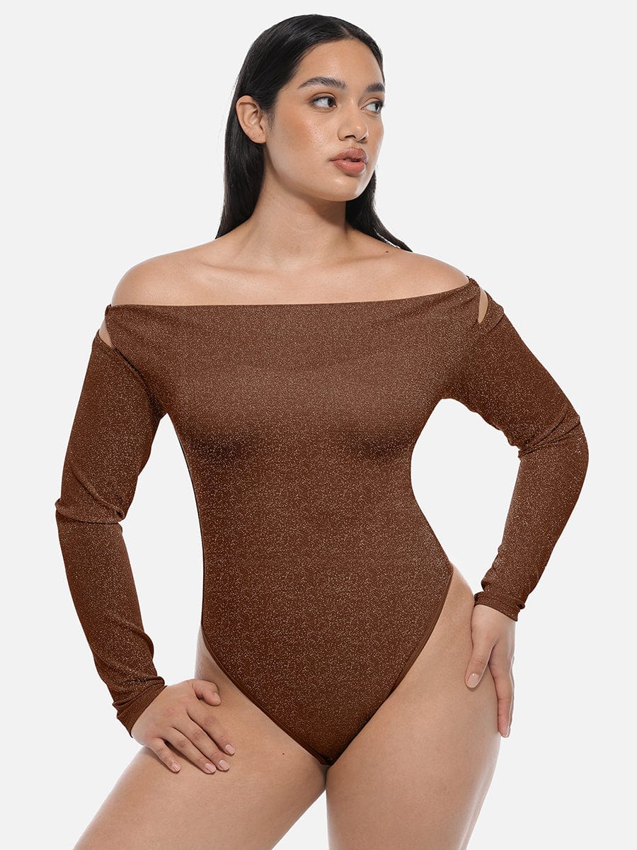 Sparkly Off-Shoulder Sculpting Bodysuit - Shapewear - Brown
