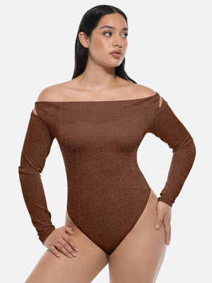 Sparkly Off-Shoulder Sculpting Bodysuit - Shapewear - Brown