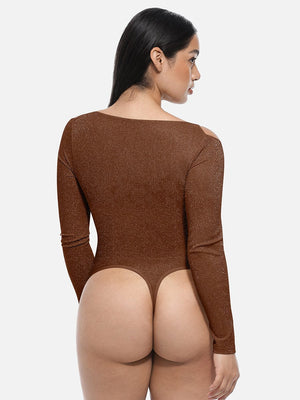 Sparkly Off-Shoulder Sculpting Bodysuit - Shapewear - Brown