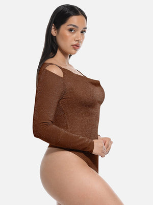 Sparkly Off-Shoulder Sculpting Bodysuit - Shapewear - Brown