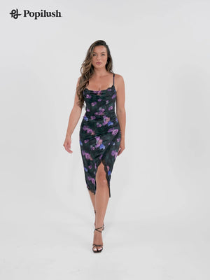 Lace Trim Sculpting Floral-Print Midi Dress - Black/Floral