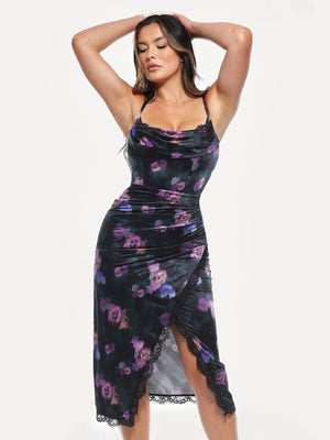 Lace Trim Sculpting Floral-Print Midi Dress - Black/Floral