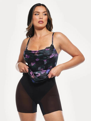 Lace Trim Sculpting Floral-Print Midi Dress - Black/Floral