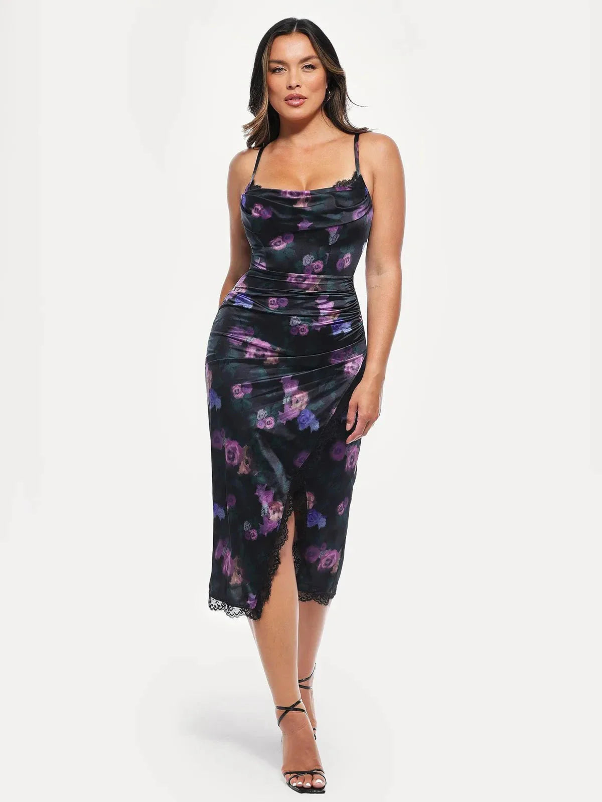 Lace Trim Sculpting Floral-Print Midi Dress - Black/Floral - LIVIFY