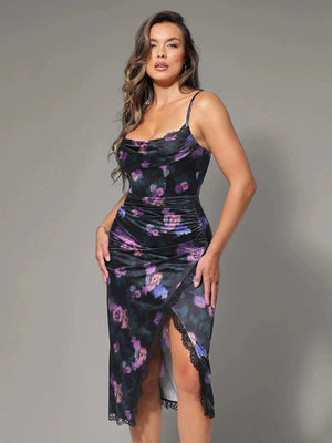 Lace Trim Sculpting Floral-Print Midi Dress - Black/Floral