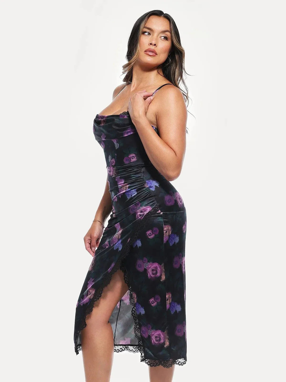 Lace Trim Sculpting Floral-Print Midi Dress - Black/Floral - LIVIFY