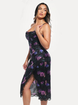 Lace Trim Sculpting Floral-Print Midi Dress - Black/Floral