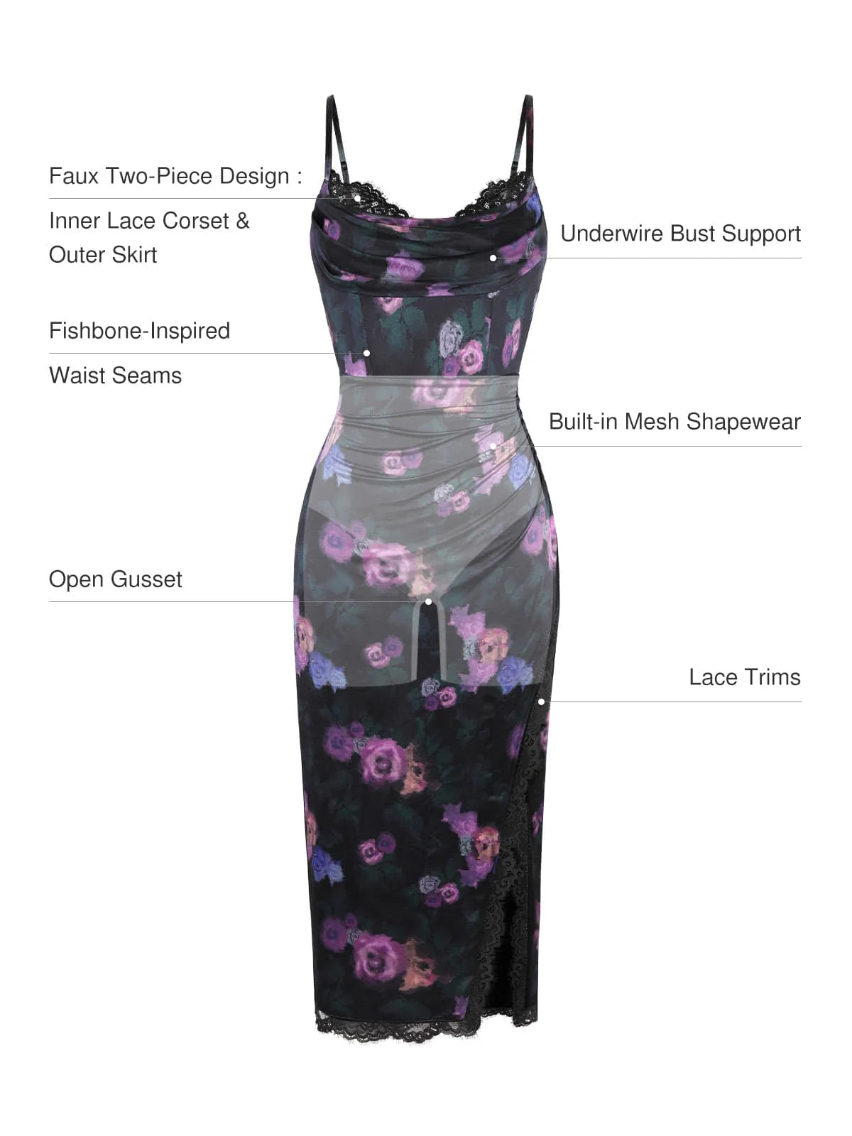 Lace Trim Sculpting Floral-Print Midi Dress - Black/Floral - LIVIFY