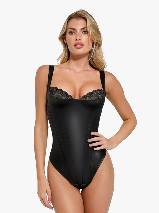 Shapewear Faux Leather Lace Balconette Sculpting Bodysuit - Black