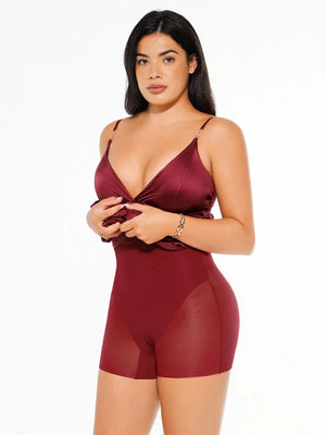 Shapewear Satin Deep-V Front Slit Maxi Dress - Wine