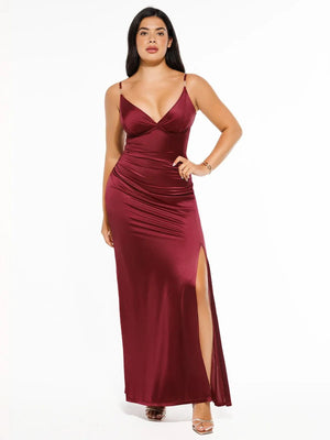 Shapewear Satin Deep-V Front Slit Maxi Dress - Wine