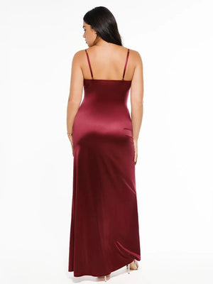 Shapewear Satin Deep-V Front Slit Maxi Dress - Wine