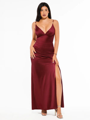Shapewear Satin Deep-V Front Slit Maxi Dress - Wine