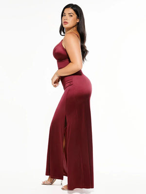 Shapewear Satin Deep-V Front Slit Maxi Dress - Wine