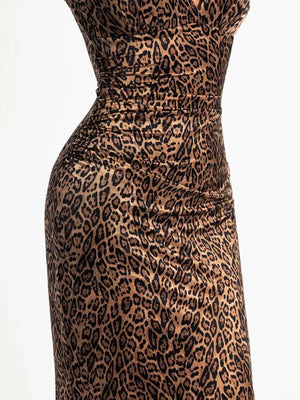 Shapewear Satin Deep-V Front Slit Maxi Dress - Leopard