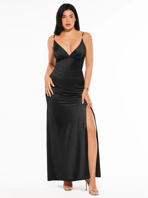 Shapewear Satin Deep-V Front Slit Maxi Dress - Black