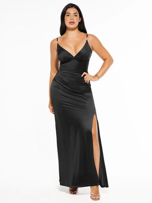 Shapewear Satin Deep-V Front Slit Maxi Dress - Black
