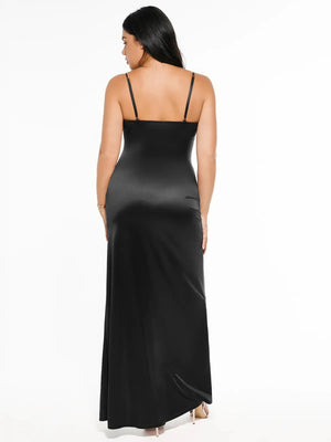 Shapewear Satin Deep-V Front Slit Maxi Dress - Black