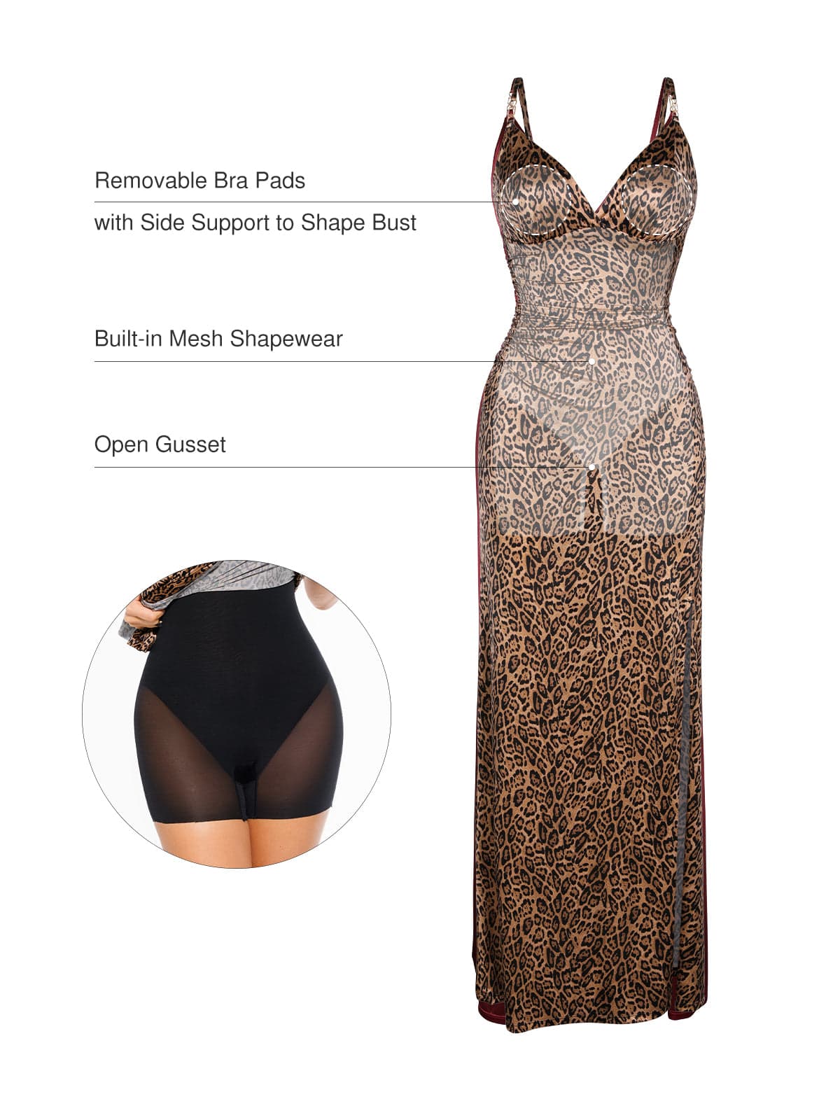 Shapewear Satin Deep-V Front Slit Maxi Dress - Leopard