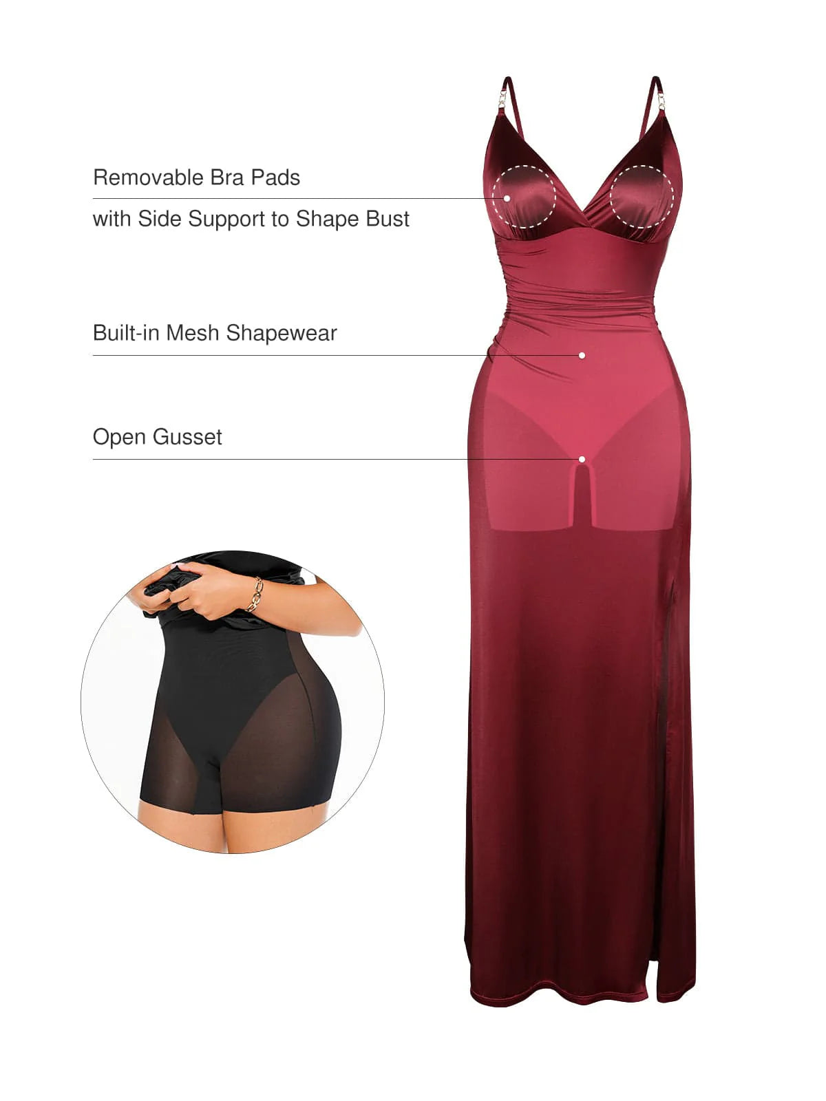 Shapewear Satin Deep-V Front Slit Maxi Dress - Wine