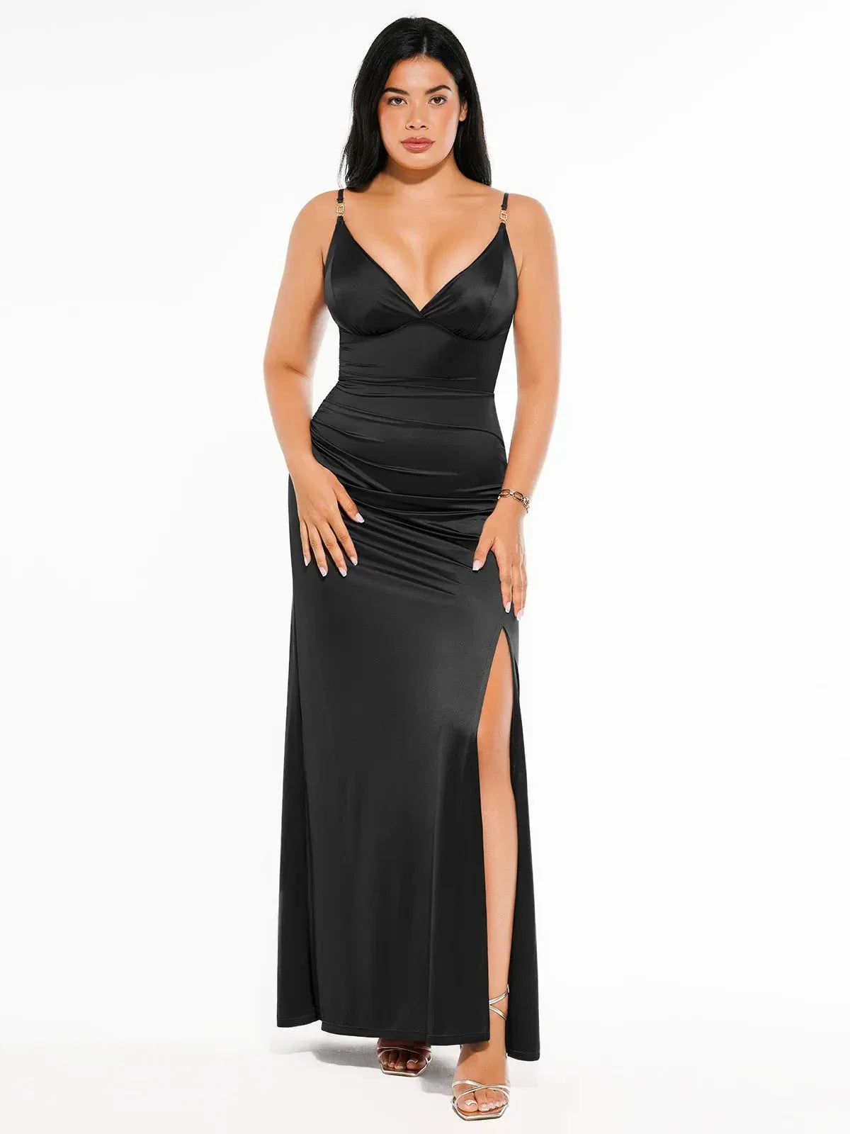 Shapewear Satin Deep-V Front Slit Maxi Dress - Black