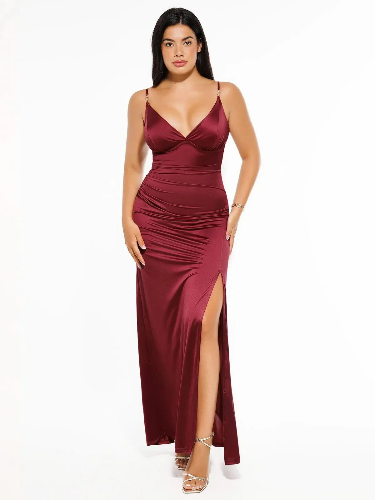 Shapewear Satin Deep-V Front Slit Maxi Dress - Wine