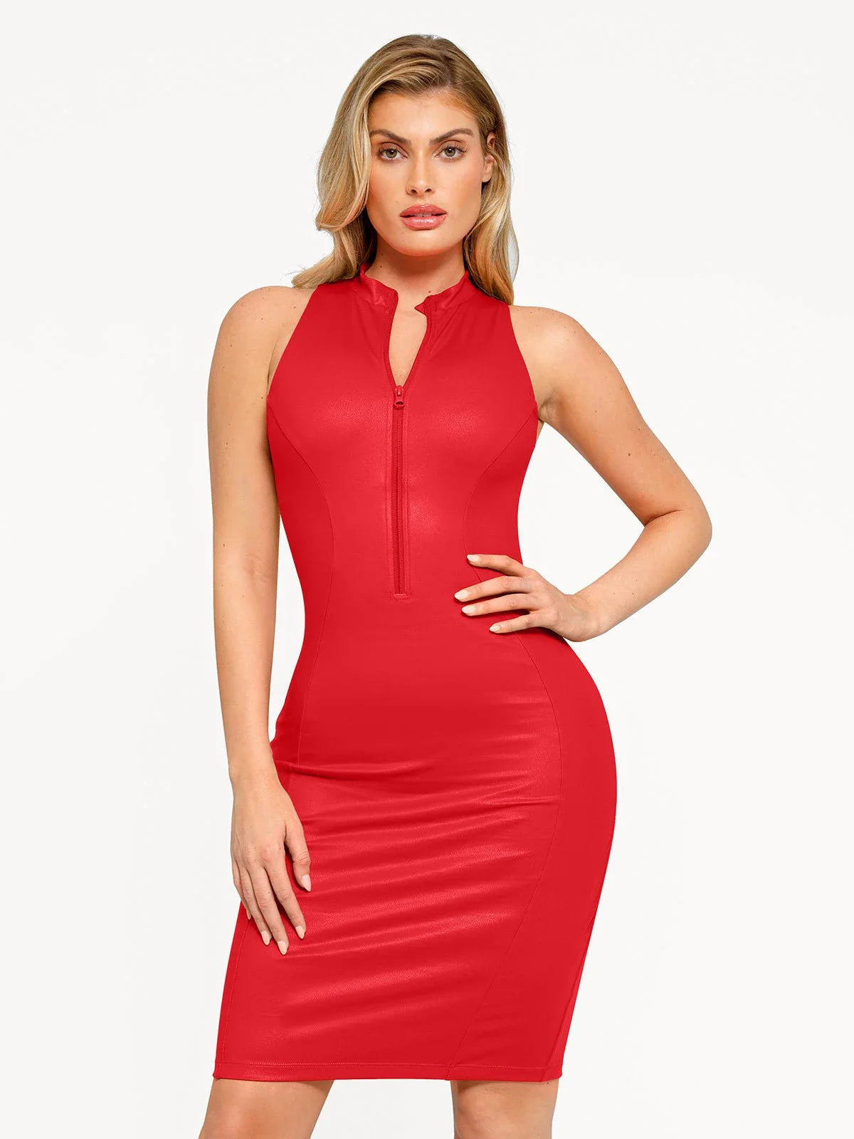 Built-In Shapewear Faux Leather Mock Neck Zip Midi Dress - Red